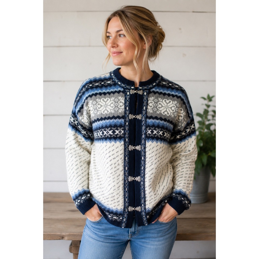 Birasi Nordic Wool Cardigan Sweater Blue White Fair Isle Metal Clasp Estonia L